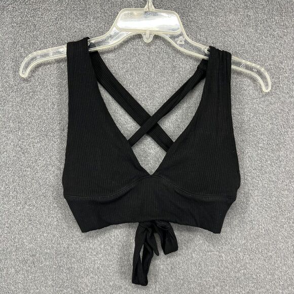 Garage Crop Top Womens XS Black Ribbed Cross Back Tie Front Sleeveless Stretchy - Picture 1 of 15